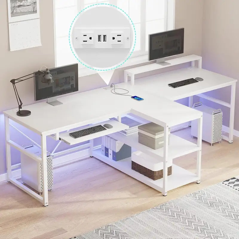 Two Person Double Computer Desk LED Gaming Desk 2 Storage Shelves
