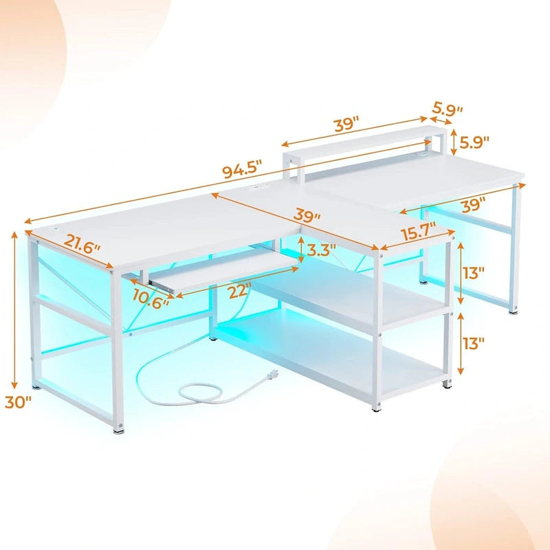 Two Person Double Computer Desk LED Gaming Desk 2 Storage Shelves