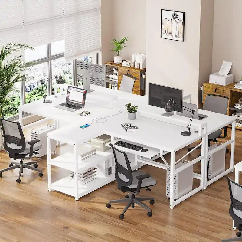 Two Person Double Computer Desk LED Gaming Desk 2 Storage Shelves