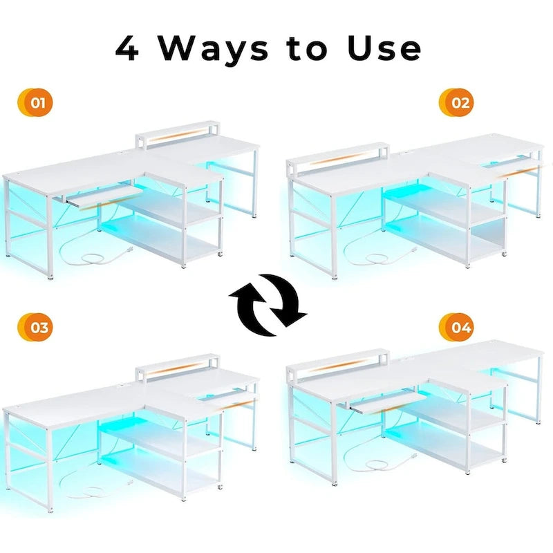 Two Person Double Computer Desk LED Gaming Desk 2 Storage Shelves