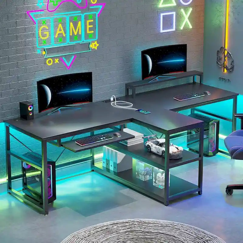 Two Person Double Computer Desk LED Gaming Desk 2 Storage Shelves
