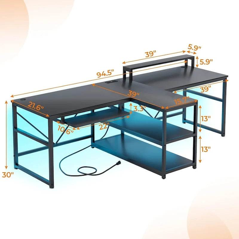 Two Person Double Computer Desk LED Gaming Desk 2 Storage Shelves