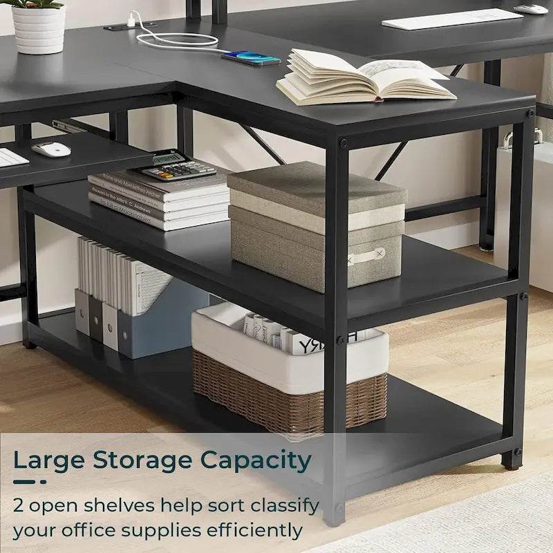 Two Person Double Computer Desk LED Gaming Desk 2 Storage Shelves