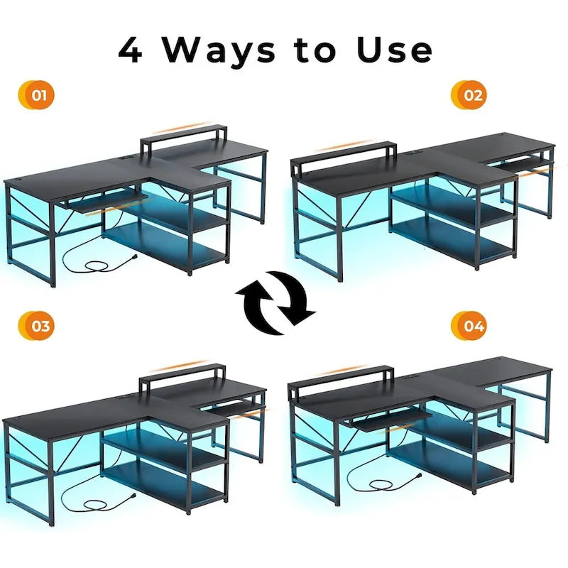 Two Person Double Computer Desk LED Gaming Desk 2 Storage Shelves