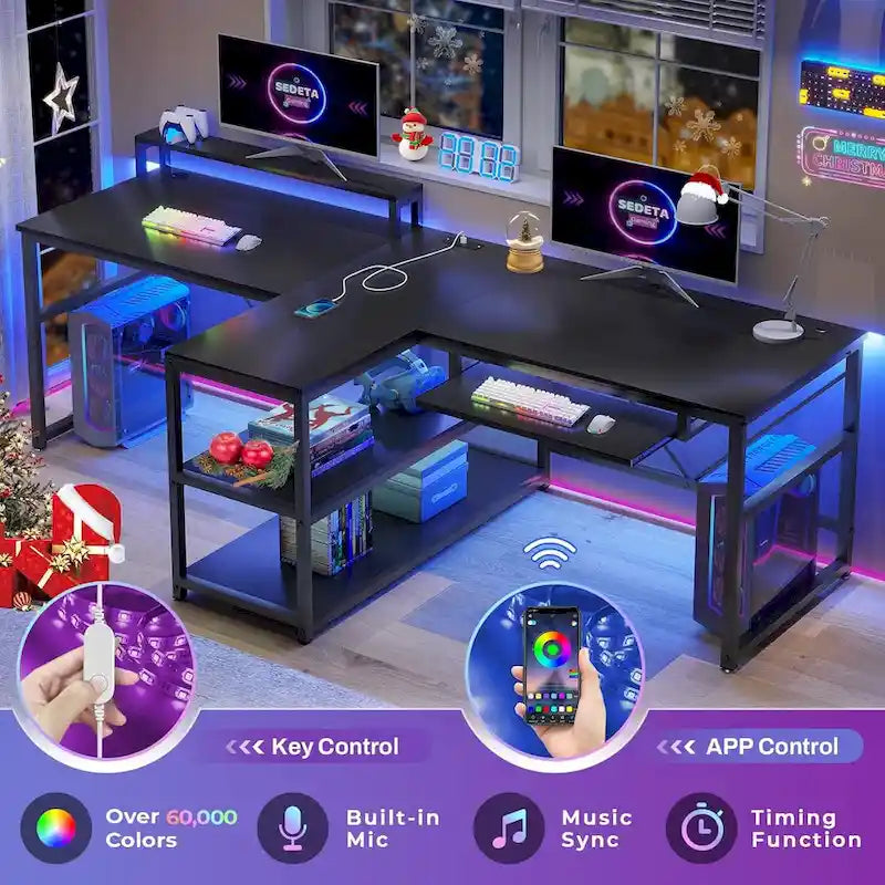 Two Person Double Computer Desk LED Gaming Desk 2 Storage Shelves