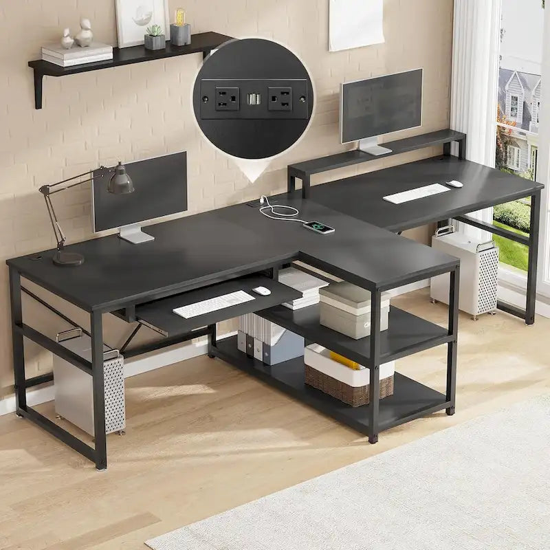 Two Person Double Computer Desk LED Gaming Desk 2 Storage Shelves