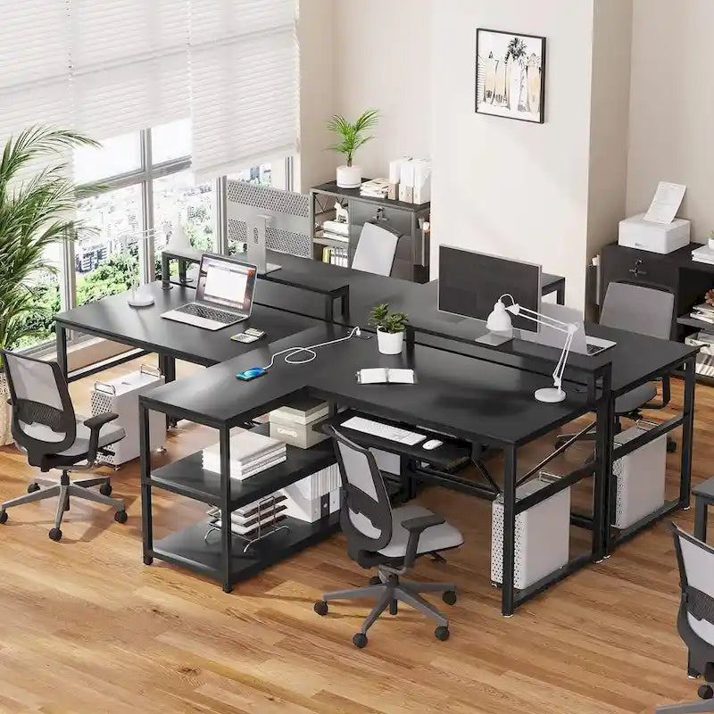 Two Person Double Computer Desk LED Gaming Desk 2 Storage Shelves
