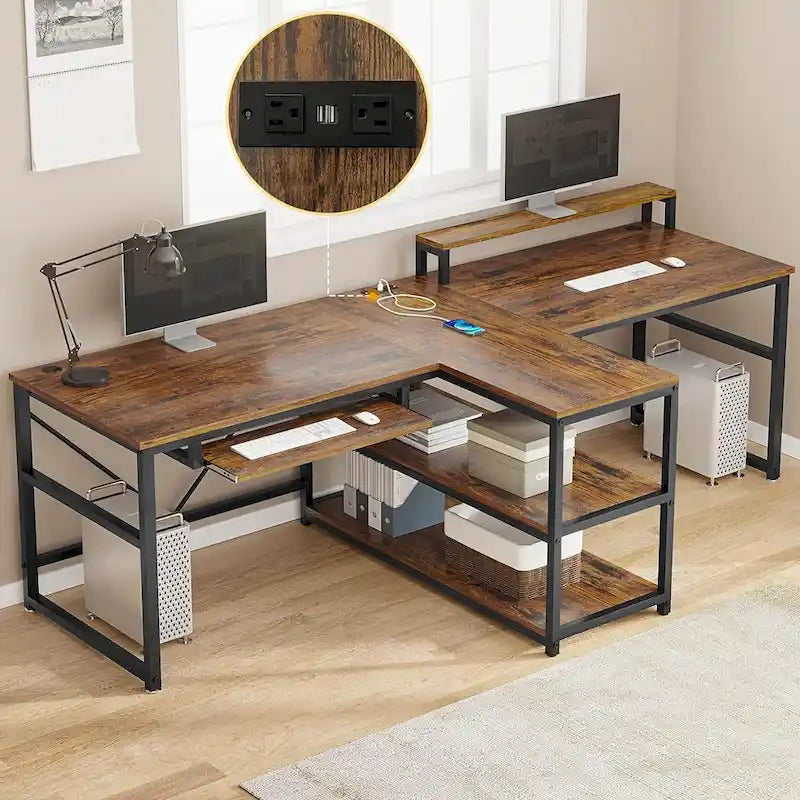 Two Person Double Computer Desk LED Gaming Desk 2 Storage Shelves