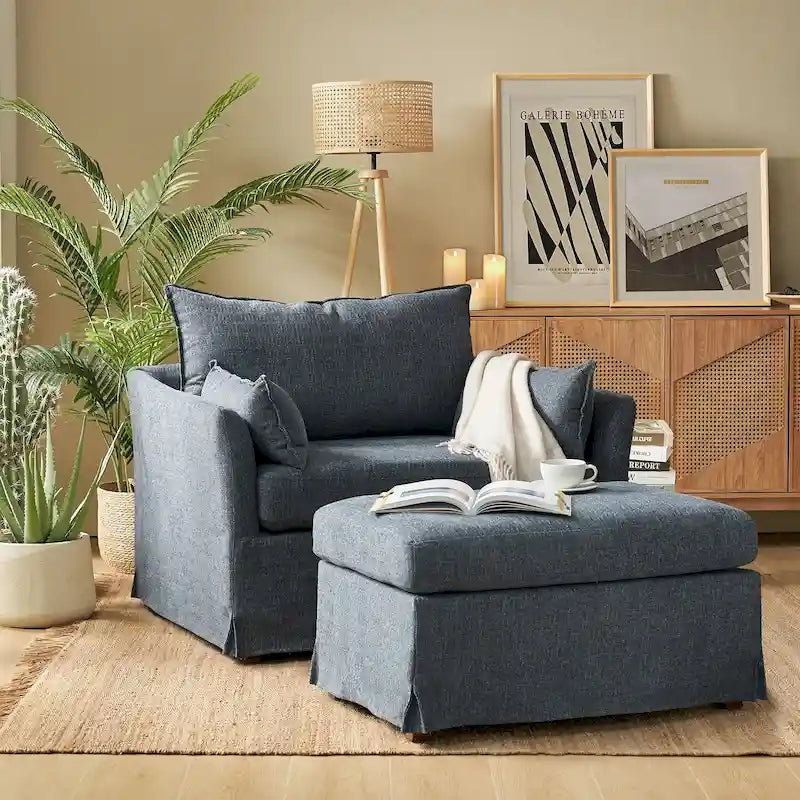 Sillón extragrande moderno Sophie con funda extraíble y otomana, con ruedas traseras bloqueables, de HULALA HOME