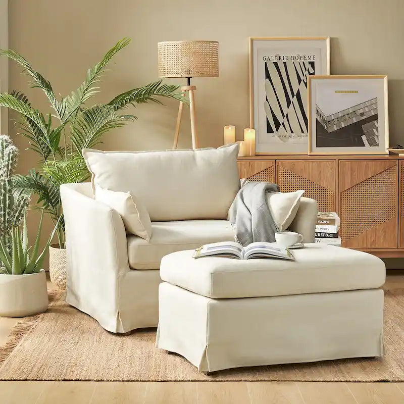 Sillón extragrande moderno Sophie con funda extraíble y otomana, con ruedas traseras bloqueables, de HULALA HOME