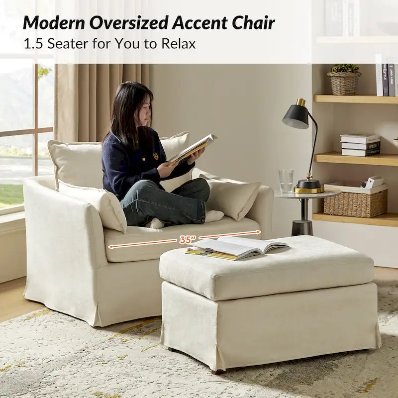 Sillón extragrande moderno Sophie con funda extraíble y otomana, con ruedas traseras bloqueables, de HULALA HOME
