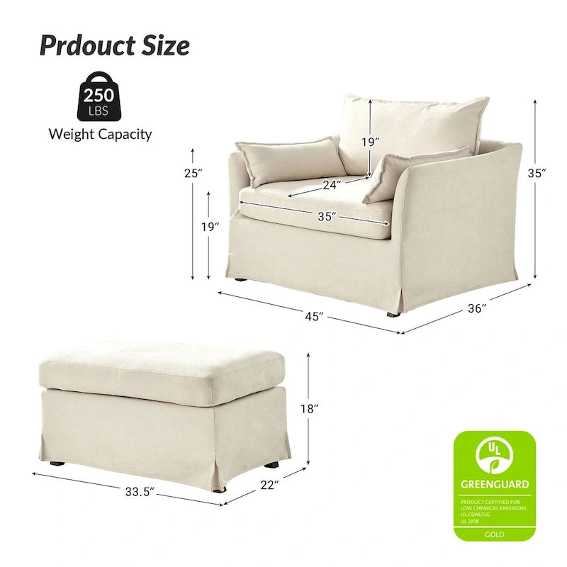 Sillón extragrande moderno Sophie con funda extraíble y otomana, con ruedas traseras bloqueables, de HULALA HOME
