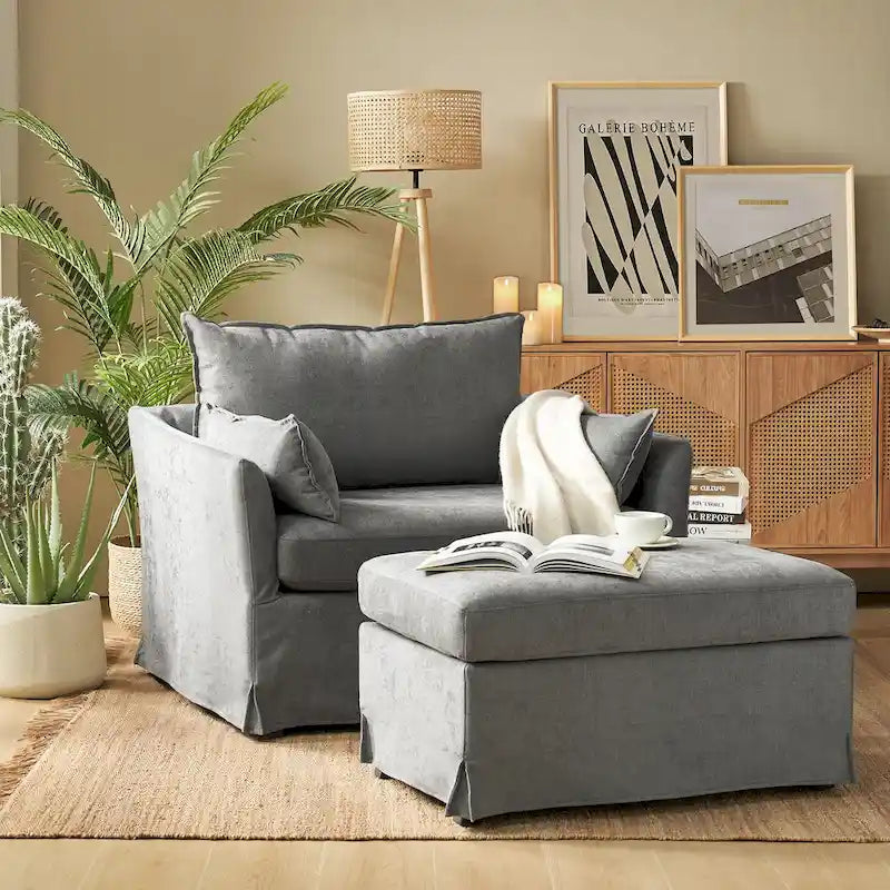 Sillón extragrande moderno Sophie con funda extraíble y otomana, con ruedas traseras bloqueables, de HULALA HOME