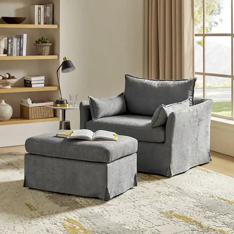 Sillón extragrande moderno Sophie con funda extraíble y otomana, con ruedas traseras bloqueables, de HULALA HOME