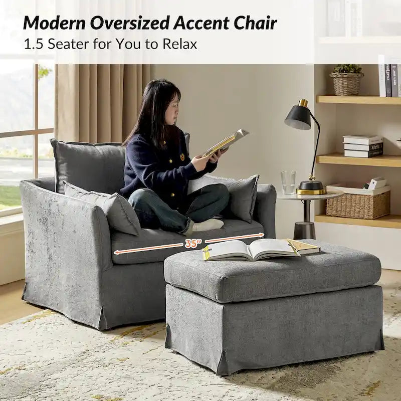 Sillón extragrande moderno Sophie con funda extraíble y otomana, con ruedas traseras bloqueables, de HULALA HOME