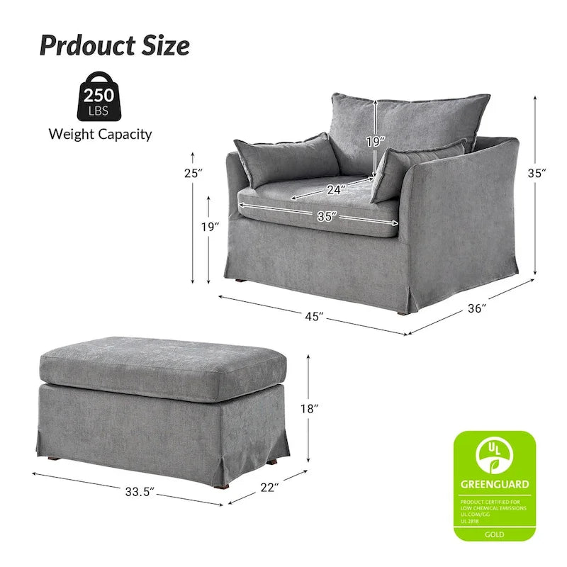 Sillón extragrande moderno Sophie con funda extraíble y otomana, con ruedas traseras bloqueables, de HULALA HOME