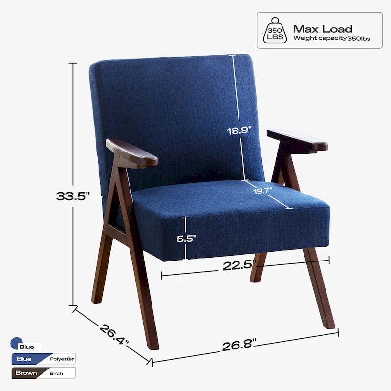 HUIMO moderne mid-century-armstoel, grijs/blauw/wit, beklede fauteuil voor woonkamer en slaapkamer
