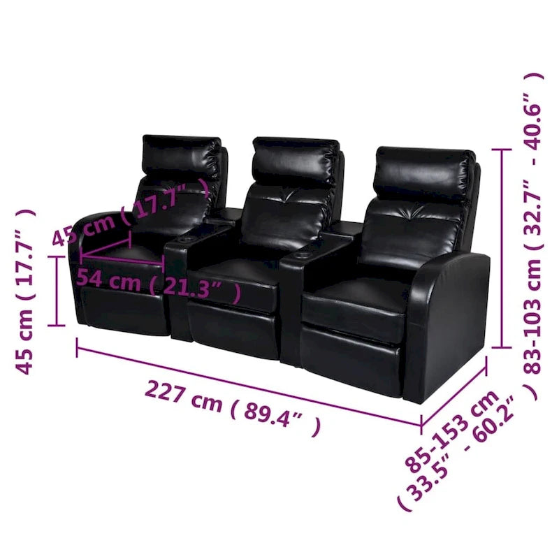 vidaXL 3-osobowa rozkładana sofa do kina domowego, czarna, ze sztucznej skóry — 89.4 x 33.5 x 40.6