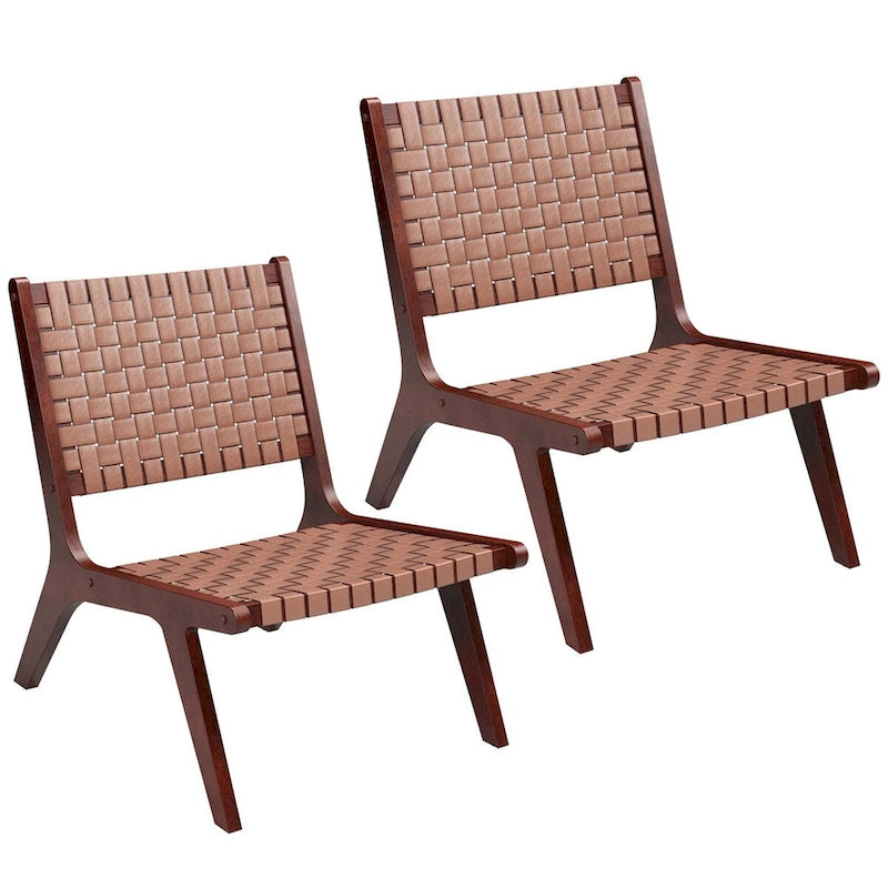 Costway Woven Leather Accent Chair Mid Century Rubber Wood Armless