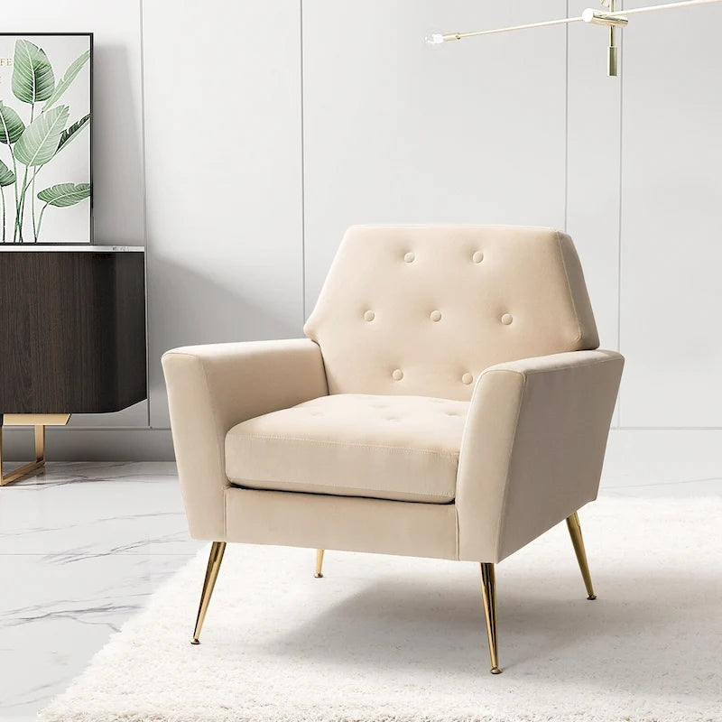 Sillón Lilia contemporáneo tapizado en terciopelo con respaldo capitonado y patas metálicas doradas, de HULALA HOME