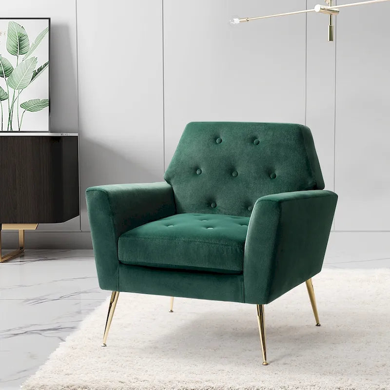 Sillón Lilia contemporáneo tapizado en terciopelo con respaldo capitonado y patas metálicas doradas, de HULALA HOME