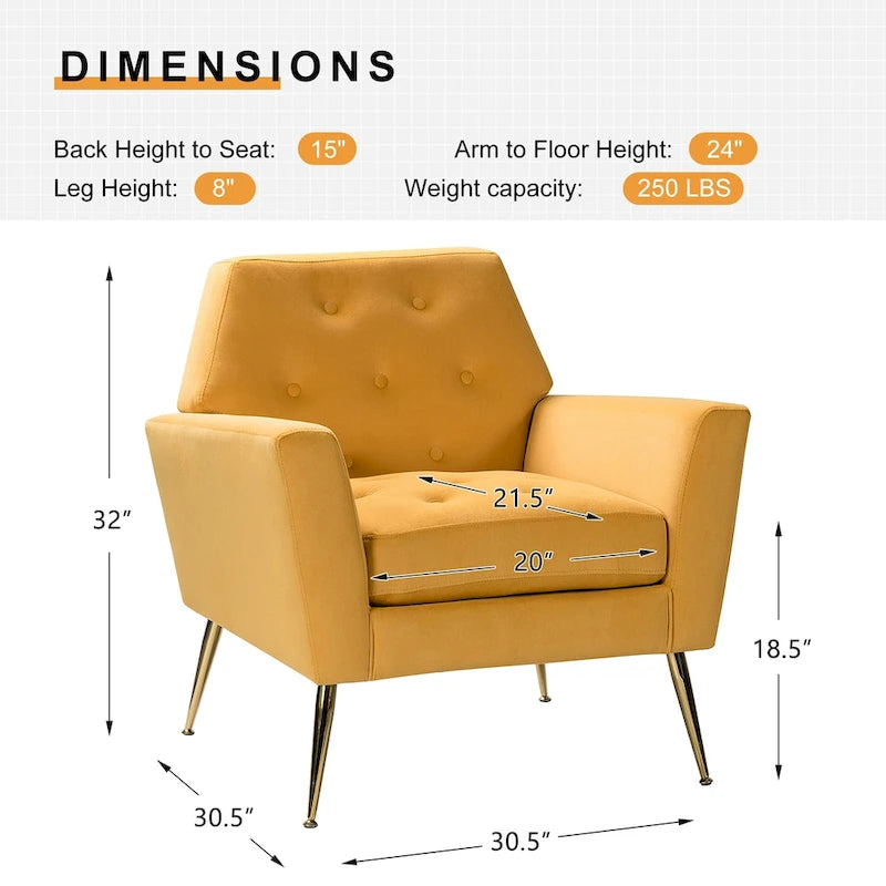 Fauteuil Lilia contemporain en velours rembourré avec dossier capitonné et pieds en métal doré, par HULALA HOME