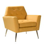Fauteuil Lilia contemporain en velours rembourré avec dossier capitonné et pieds en métal doré, par HULALA HOME