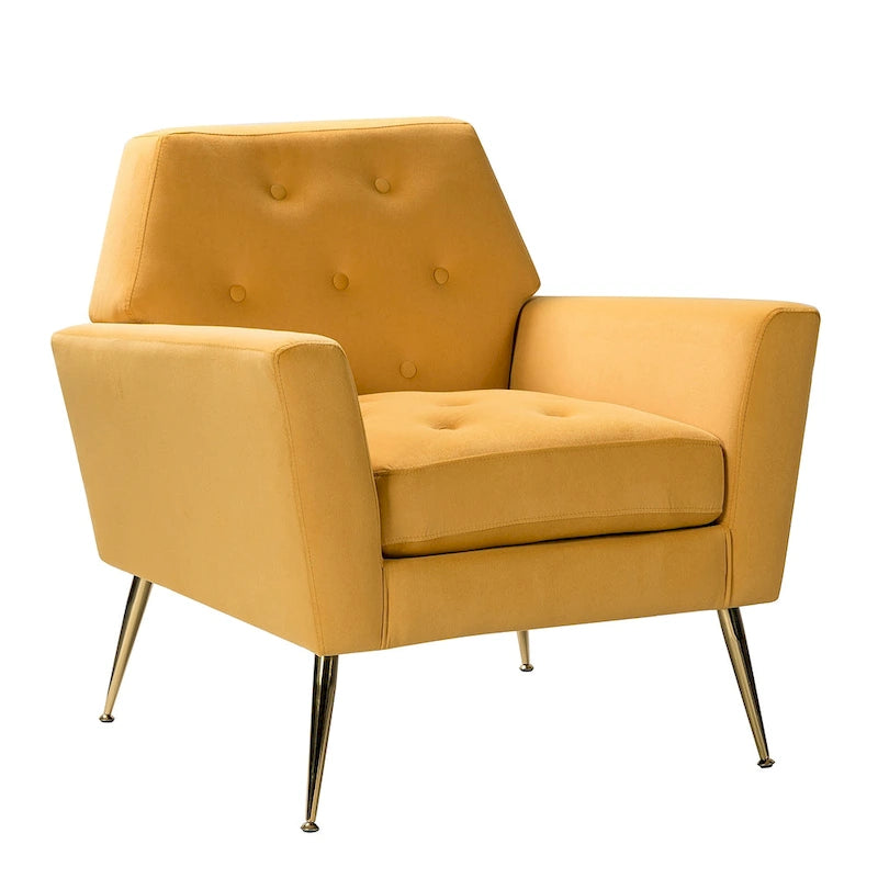 Fauteuil Lilia contemporain en velours rembourré avec dossier capitonné et pieds en métal doré, par HULALA HOME