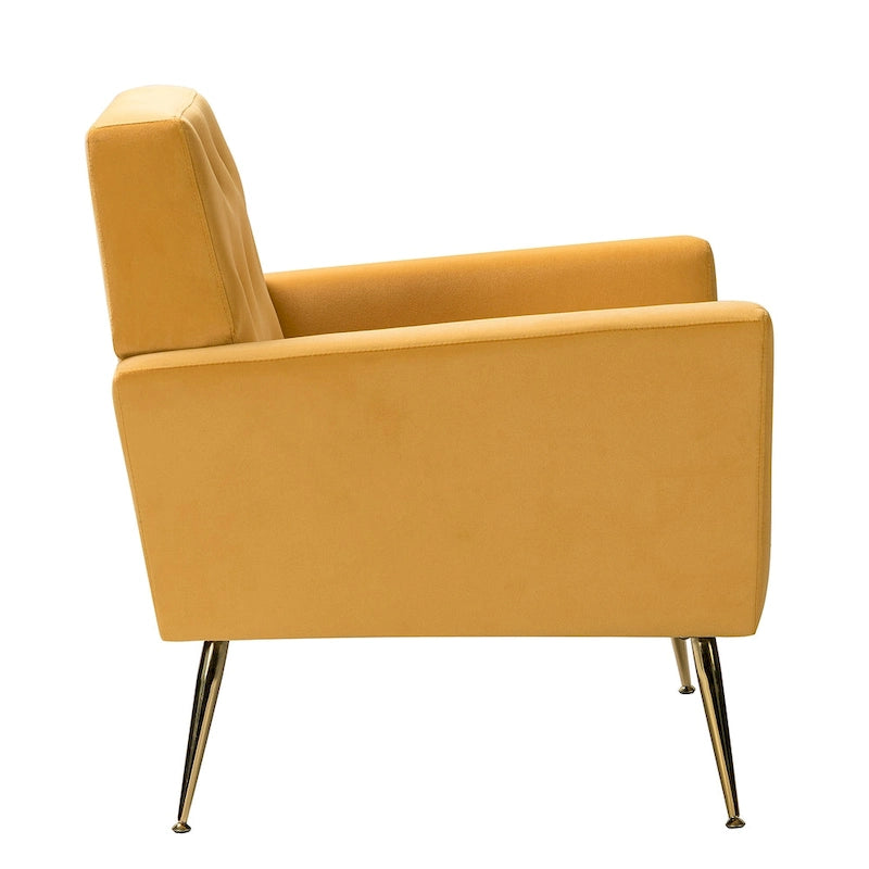 Fauteuil Lilia contemporain en velours rembourré avec dossier capitonné et pieds en métal doré, par HULALA HOME