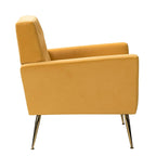 Fauteuil Lilia contemporain en velours rembourré avec dossier capitonné et pieds en métal doré, par HULALA HOME