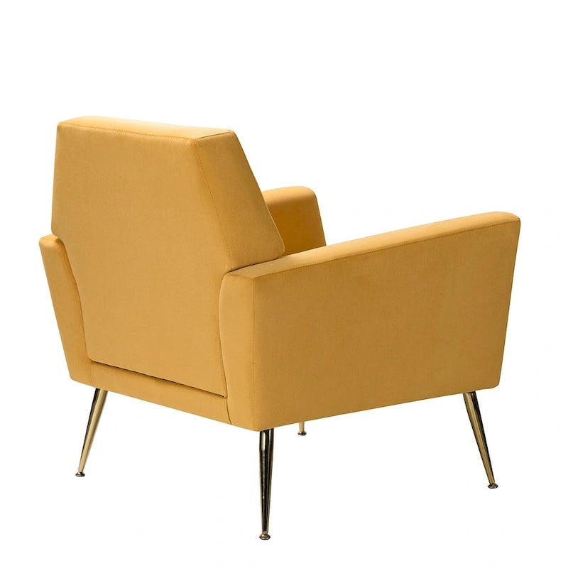 Fauteuil Lilia contemporain en velours rembourré avec dossier capitonné et pieds en métal doré, par HULALA HOME