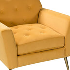 Fauteuil Lilia contemporain en velours rembourré avec dossier capitonné et pieds en métal doré, par HULALA HOME