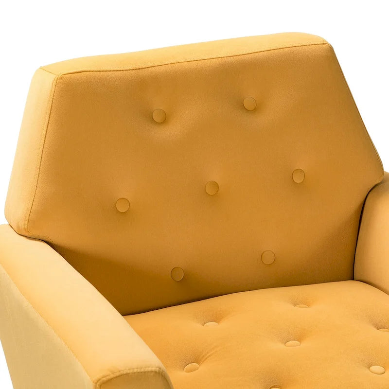 Fauteuil Lilia contemporain en velours rembourré avec dossier capitonné et pieds en métal doré, par HULALA HOME