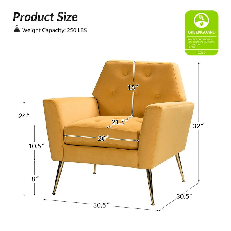 Fauteuil Lilia contemporain en velours rembourré avec dossier capitonné et pieds en métal doré, par HULALA HOME