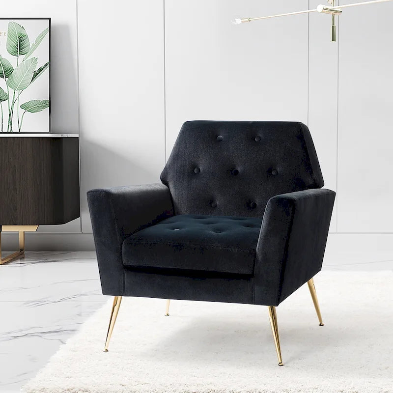 Fauteuil Lilia contemporain en velours rembourré avec dossier capitonné et pieds en métal doré, par HULALA HOME