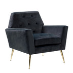 Fauteuil Lilia contemporain en velours rembourré avec dossier capitonné et pieds en métal doré, par HULALA HOME