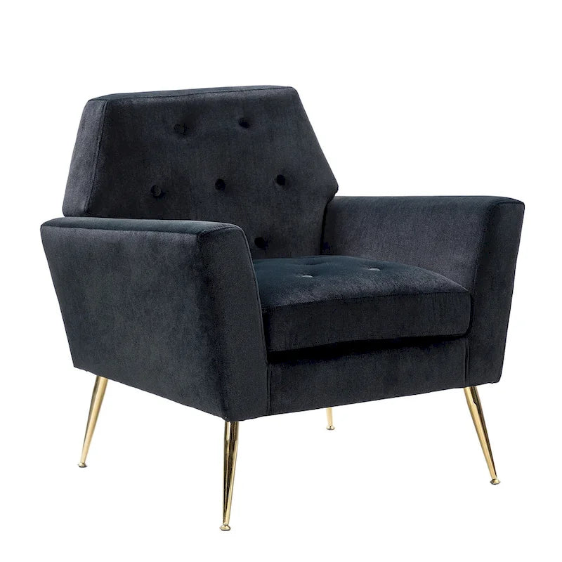 Fauteuil Lilia contemporain en velours rembourré avec dossier capitonné et pieds en métal doré, par HULALA HOME