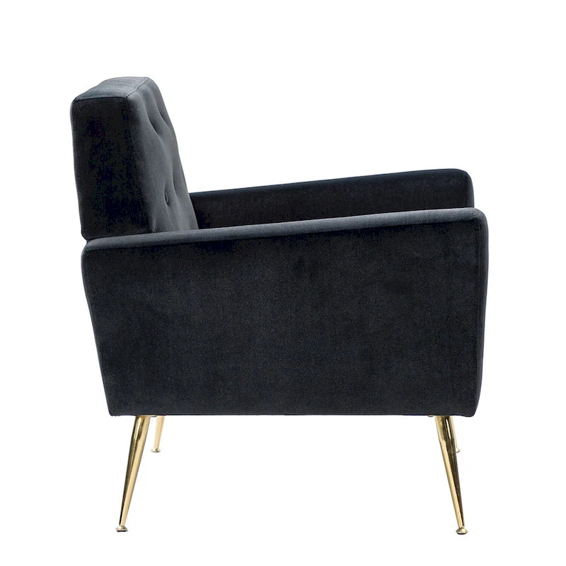Fauteuil Lilia contemporain en velours rembourré avec dossier capitonné et pieds en métal doré, par HULALA HOME