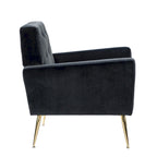 Fauteuil Lilia contemporain en velours rembourré avec dossier capitonné et pieds en métal doré, par HULALA HOME
