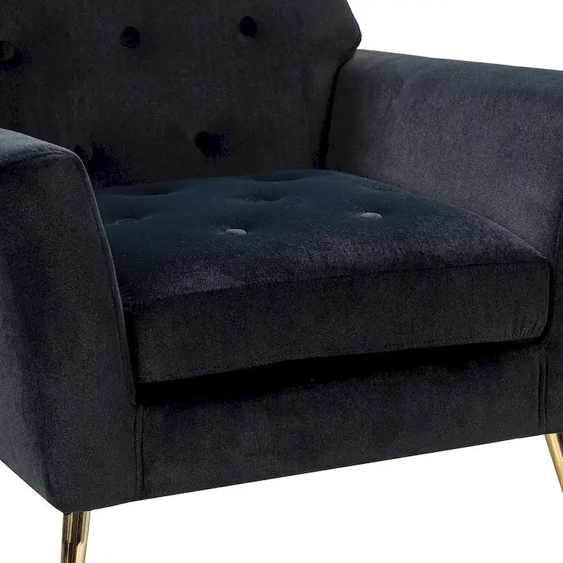 Fauteuil Lilia contemporain en velours rembourré avec dossier capitonné et pieds en métal doré, par HULALA HOME