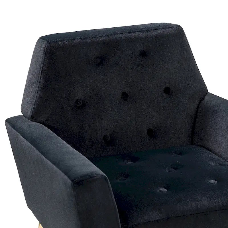 Fauteuil Lilia contemporain en velours rembourré avec dossier capitonné et pieds en métal doré, par HULALA HOME