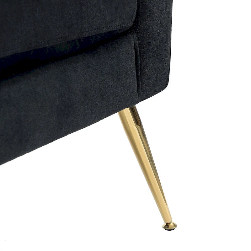 Fauteuil Lilia contemporain en velours rembourré avec dossier capitonné et pieds en métal doré, par HULALA HOME