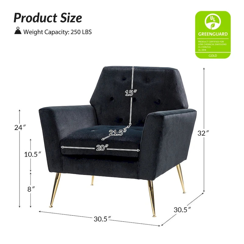 Fauteuil Lilia contemporain en velours rembourré avec dossier capitonné et pieds en métal doré, par HULALA HOME