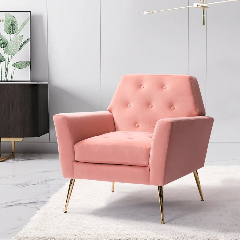 Fauteuil Lilia contemporain en velours rembourré avec dossier capitonné et pieds en métal doré, par HULALA HOME