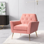 Fauteuil Lilia contemporain en velours rembourré avec dossier capitonné et pieds en métal doré, par HULALA HOME