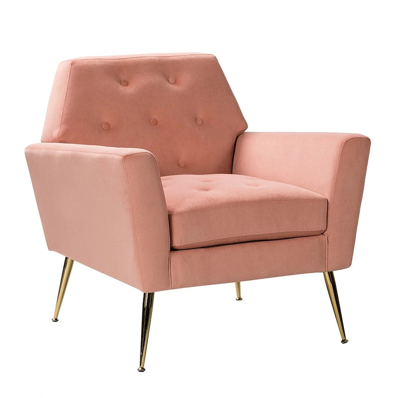 Fauteuil Lilia contemporain en velours rembourré avec dossier capitonné et pieds en métal doré, par HULALA HOME