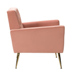 Fauteuil Lilia contemporain en velours rembourré avec dossier capitonné et pieds en métal doré, par HULALA HOME