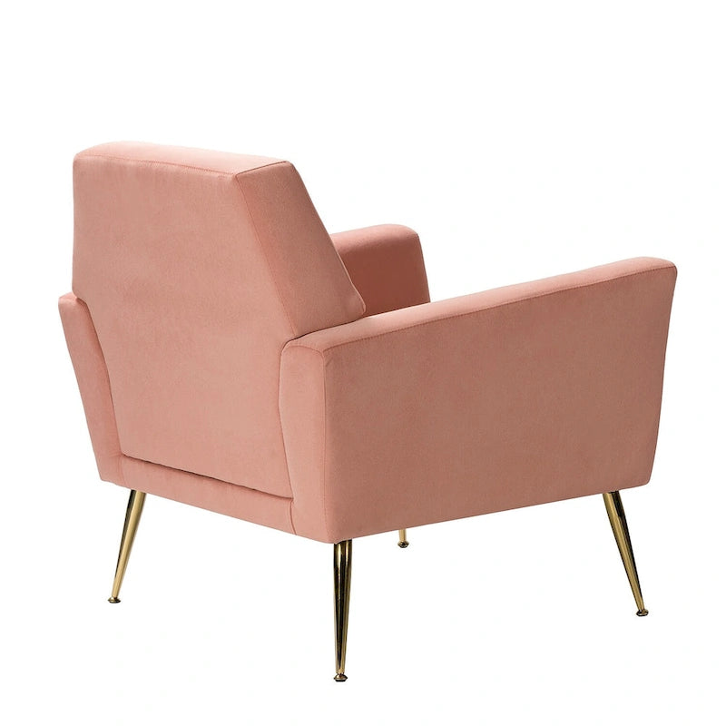 Fauteuil Lilia contemporain en velours rembourré avec dossier capitonné et pieds en métal doré, par HULALA HOME