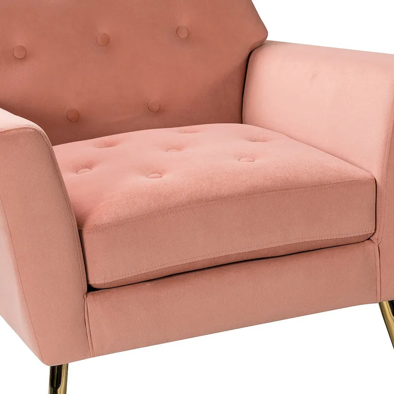 Fauteuil Lilia contemporain en velours rembourré avec dossier capitonné et pieds en métal doré, par HULALA HOME
