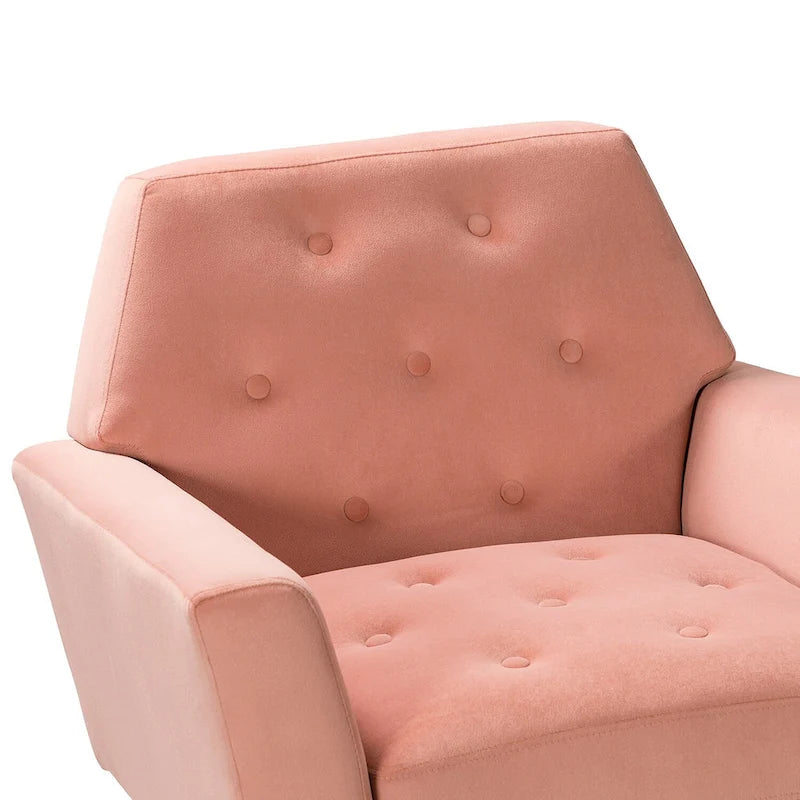 Fauteuil Lilia contemporain en velours rembourré avec dossier capitonné et pieds en métal doré, par HULALA HOME